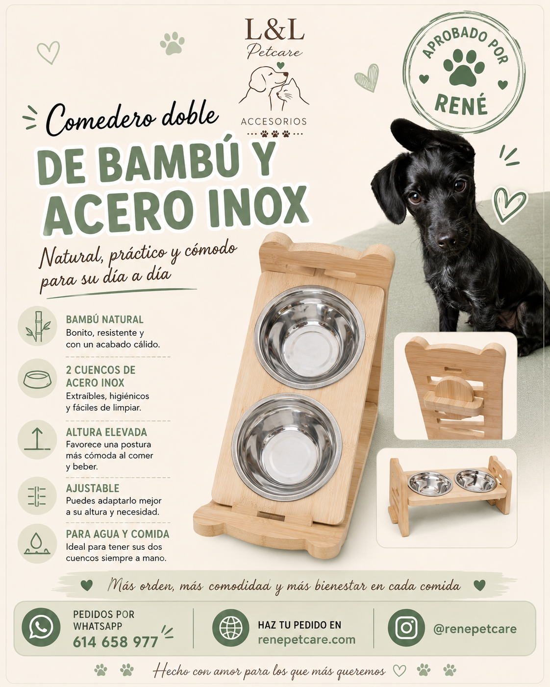 Comedero Doble Elevado de Bambú y Acero Inoxidable