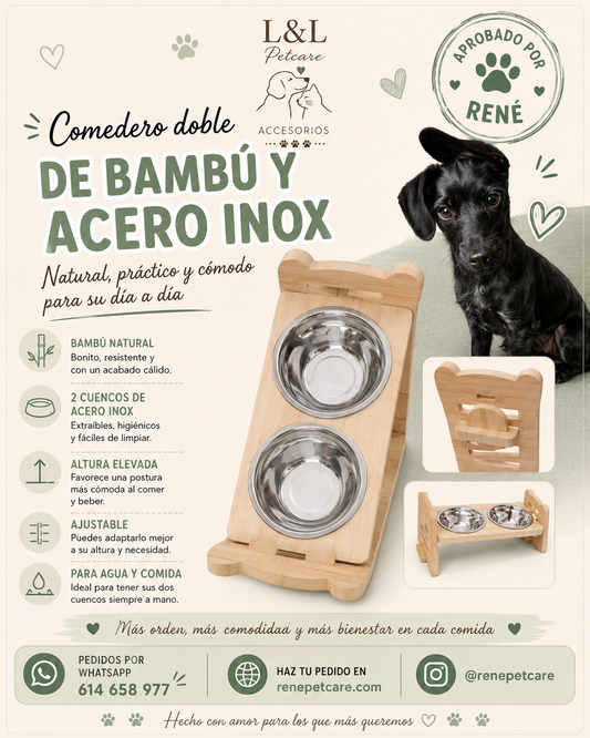 Comedero Doble Elevado de Bambú y Acero Inoxidable